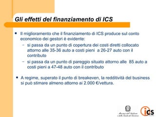 Gli effetti del finanziamento di ICS

   Il miglioramento che il finanziamento di ICS produce sul conto
    economico dei gestori è evidente:
      – si passa da un punto di copertura dei costi diretti collocato
        attorno alle 35-36 auto a costi pieni a 26-27 auto con il
        contributo
      – si passa da un punto di pareggio situato attorno alle 85 auto a
        costi pieni a 47-48 auto con il contributo

   A regime, superato il punto di breakeven, la redditività del business
    si può stimare almeno attorno ai 2.000 €/vettura.
 