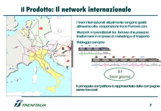 Il Prodotto: Il network internazionale

                            I treni internazionali attualmente vengono gestiti
                            attraverso alla cooperazione tra le Ferrovie con:
                            •Accordi im prenditoriali tra ferrovie che possono
                            trasformarsi in imprese di m  arketing o di trasporto
                            •
                            Noleggio carrozze




                BU
                  C
                  A
                  RE
                      ST
                        I
                               2    y    1     LOCOMOTORE




                               5          3




                                         1        2           y    3       2   2       LOCOMOTORE




                                          1        2                1      1   1




                                                                 91
                                                            treni giorno

                            Il principale competitors è rappresentato dalle compagnie
                            aeree lowcost



                                                                                   7
 