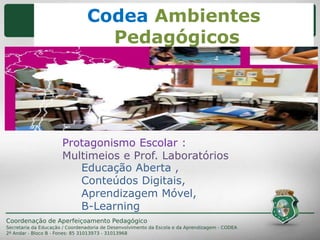 Protagonismo Escolar :
Multimeios e Prof. Laboratórios
Educação Aberta ,
Conteúdos Digitais,
Aprendizagem Móvel,
B-Learning
COLEARNINGCodea Ambientes
Pedagógicos
 