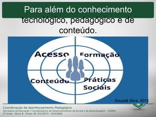 Para além do conhecimento
tecnológico, pedagógico e de
conteúdo.
Souza& Silva, 2013
 