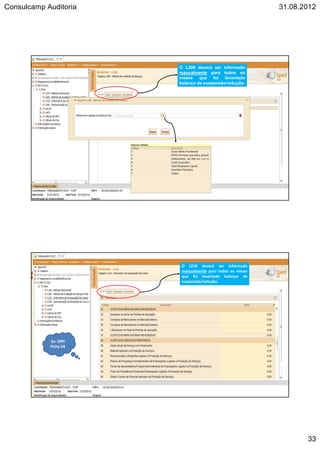Consulcamp Auditoria 31.08.2012
33
O L200 deverá ser informado
manualmente para todos os
meses que foi levantado
balanço de suspensão/redução.
66
Ex- DIPJ
Ficha 04
O L210 deverá ser informado
manualmente para todos os meses
que foi levantado balanço de
suspensão/redução.
 