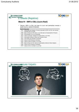 Consulcamp Auditoria 31.08.2012
38
• Calcula o IRPJ e a CSLL com base no Lucro real (estimativas mensais e
ajuste anual ou valores trimestrais).
Registro Descrição
N030
Identificação dos Períodos e Formas de Apuração do IRPJ e da CSLL das empresas
tributadas pelo Lucro Real
N500 Base de Cálculo do IRPJ Sobre o Lucro Real após as Compensações de Prejuízos
N600 Demonstração do Lucro da Exploração
N610 Cálculo da Isenção e Redução do Imposto Sobre o Lucro Real
N615 Informações da Base de Cálculo dos Incentivos Fiscais
N616 Informações das Atividades Incentivadas
N620 Cálculo do IRPJ Mensal por Estimativa
N630 Cálculo do IRPJ Com Base no Lucro Real
N650 Base de Cálculo da CSLL Após as Compensações da Base de Cálculo Negativa
N660 Cálculo da CSLL Mensal por Estimativa
N670 Cálculo da CSLL Com Base no Lucro Real
Bloco N – IRPJ e CSLL (Lucro Real)
3. Leiaute (Registros)
76
ALGUNS TOQUES:
 