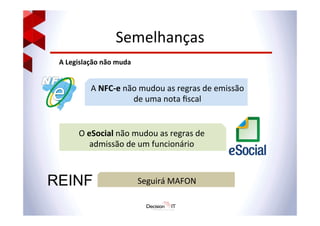 Semelhanças	
  
A	
  Legislação	
  não	
  muda	
  
A	
  NFC-­‐e	
  não	
  mudou	
  as	
  regras	
  de	
  emissão	
  
de	
  uma	
  nota	
  ﬁscal	
  
O	
  eSocial	
  não	
  mudou	
  as	
  regras	
  de	
  
admissão	
  de	
  um	
  funcionário	
  
REINF Seguirá	
  MAFON	
  
 