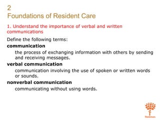 2
Foundations of Resident Care
1. Understand the importance of verbal and written
communications
Define the following terms:
communication
the process of exchanging information with others by sending
and receiving messages.
verbal communication
communication involving the use of spoken or written words
or sounds.
nonverbal communication
communicating without using words.
 
