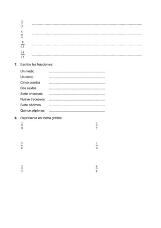 3
2
..........................................................................................................................
2
5
..........................................................................................................................
13
8
..........................................................................................................................
15
18
..........................................................................................................................
7. Escribe las fracciones:
Un medio ..............................................................
Un tercio ..............................................................
Cinco cuartos ..............................................................
Dos sextos ..............................................................
Siete onceavos ..............................................................
Nueve treceavos ..............................................................
Siete décimos ..............................................................
Quince séptimos ..............................................................
8. Representa en forma gráfica:
9
2
7
3
8
5
4
1
5
2
8
6
 