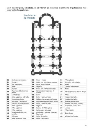 En el exterior pero, sobretodo, en el interior, se encuentra el elemento arquitectónico más
importante: los capiteles.
01 Cesta con entrelazos 02 Piñas y hojas 03 Piñas y bolas
04 El avaro 05 Cesta con entrelazos gruesos 06 Animales enfrentados
07 (sin identificar) 08 Mujer entre figuras 09 Bolas
10 Bolas 11 Vegetal 12 Obreros trabajando
13 Vegetal 14 Bolas con palmas estriadas 15 Bolas
16
Mujer con báculo entre
leones
17
La fabula de la zorra y el
cuervo
18 Adoración de los Reyes Magos
19 Luchadores 20 Bolas 21 Piñas
22 Bolas y palmas estriadas 23 Bolas y palmas lisas 24 Hojas entre tallos
25 Vegetal con bolas 26 Cabeza humana entre leones 27 Hojas entre tallos
28 Pelicanos y serpientes 29 Hombres desquijarando leones 30 Bolas y palmas lisas
31 ¿Escena de matrimonio? 32 Bolas y palmas lisas 33 Vegetal con piñas (doble)
34 Bolas y palmas 35 Vegetal 36 Escena de Adán y Eva
37 Piñas y palmas 38 Escena de Adán y Eva 39 Leones
40 Piñas y palmas 41 Pelícanos y lechuzas 42 Piñas (doble)
43
Hojas de pétalos con
zarcillos
44
Cordones y palmas. Escenas
figuradas
45 Geométrico
46 Pelícanos 47 Niños desnudos 48 Niños entre leones
49 Bolas y palmas lisas 50 Bolas y entrelazo
4
 