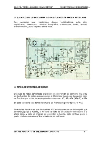 I.E.S.T.P. “MARÍA ROSARIO ARAOZ PINTO” COMPUTACIÓN E INFORMÁTICA
MANTENIMIENTO DE EQUIPOS DE COMPUTO 6
5. EJEMPLO DE UN DIAGRAMA DE UNA FUENTE DE PODER REGULADA
Sus elementos son: resistencias, diodos (rectificadores, led’s, etc),
capacitares, interruptor, circuitos integrados, transistores, bases, fusible,
transformador, placa impresa entre otros.
6. TIPOS DE FUENTES DE PODER
Después de haber comentado el proceso de conversión de corriente AC a DC
en las fuentes de poder, procederemos a diferenciar los dos de las cuatro tipos
de fuentes que poder para computadoras que son: XT, AT, ATX (ATX-E) y BTX
En este caso solo será tema de estudio las fuentes de poder tipo AT y ATX.
Una de las ventajas es que las fuentes ATX no disponen de un interruptor que
enciende/apaga la fuente, si no que se trata de un pulsador conectado a la
placa base, y esta se encarga de encender la fuente, esto conlleva pues el
poder realizar conexiones/desconexiones por software.
 