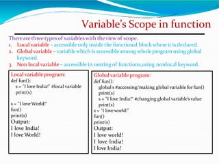 Variable’s Scope in function
Thereare three types of variableswith theview of scope.
1. Local variable – accessibleonly inside the functional block where it is declared.
2. Global variable – variablewhich is accessibleamong wholeprogram using global
keyword.
3. Non local variable – accessible in nesting of functions,using nonlocal keyword.
Local variableprogram:
def fun():
s = "I love India!" #local variable
print(s)
s = "I love World!"
fun()
print(s)
Output:
I love India!
I love World!
Globalvariableprogram:
def fun():
global s #accessing/making global variablefor fun()
print(s)
s = "I love India!“ #changing global variable’svalue
print(s)
s = "I love world!"
fun()
print(s)
Output:
I love world!
I love India!
I love India!
 