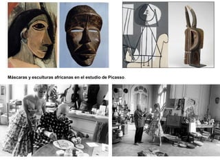 Máscaras y esculturas africanas en el estudio de Picasso.
 
