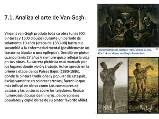 7.1. Analiza el arte de Van Gogh.7.1. Analiza el arte de Van Gogh.
Vincent van Gogh produjo toda su obra (unas 900Vincent van Gogh produjo toda su obra (unas 900
pinturas y 1600 dibujos) durante un período depinturas y 1600 dibujos) durante un período de
solamente 10 años (etapa de 1880-90) hasta quesolamente 10 años (etapa de 1880-90) hasta que
sucumbió a la enfermedad mental (posiblemente unsucumbió a la enfermedad mental (posiblemente un
trastorno bipolar o una epilepsia). Decidió ser pintortrastorno bipolar o una epilepsia). Decidió ser pintor
cuando tenía 27 años y siempre quiso reflejar la vidacuando tenía 27 años y siempre quiso reflejar la vida
en sus obras. Su carrera pictórica está marcada poren sus obras. Su carrera pictórica está marcada por
los lugares donde vivió y trabajó. Así se aprecia en lalos lugares donde vivió y trabajó. Así se aprecia en la
primera etapa de los Países Bajos (1880-1886),primera etapa de los Países Bajos (1880-1886),
donde la pintura tradicional y popular de este país,donde la pintura tradicional y popular de este país,
exclusivamente en colores terrosos, fueron lo queexclusivamente en colores terrosos, fueron lo que
más influyó en obras como Los comedores demás influyó en obras como Los comedores de
patatas y las pinturas sobre los tejedores. Realizópatatas y las pinturas sobre los tejedores. Realizó
numerosos dibujos de mineros, de personajesnumerosos dibujos de mineros, de personajes
populares y copió obras de su pintor favorito Millet.populares y copió obras de su pintor favorito Millet.
 