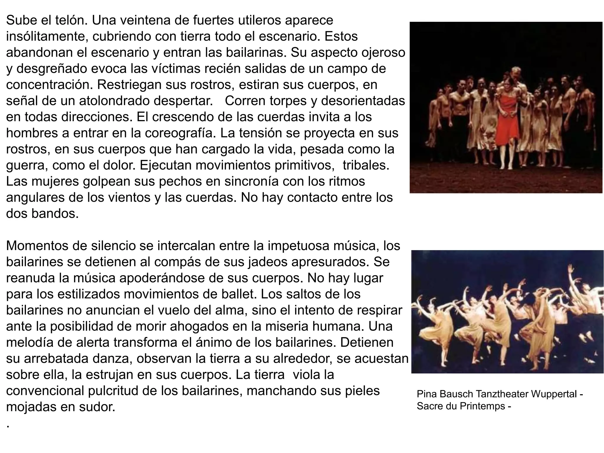 Sube el telón. Una veintena de fuertes utileros aparece
insólitamente, cubriendo con tierra todo el escenario. Estos
abandonan el escenario y entran las bailarinas. Su aspecto ojeroso
y desgreñado evoca las víctimas recién salidas de un campo de
concentración. Restriegan sus rostros, estiran sus cuerpos, en
señal de un atolondrado despertar. Corren torpes y desorientadas
en todas direcciones. El crescendo de las cuerdas invita a los
hombres a entrar en la coreografía. La tensión se proyecta en sus
rostros, en sus cuerpos que han cargado la vida, pesada como la
guerra, como el dolor. Ejecutan movimientos primitivos, tribales.
Las mujeres golpean sus pechos en sincronía con los ritmos
angulares de los vientos y las cuerdas. No hay contacto entre los
dos bandos.
Momentos de silencio se intercalan entre la impetuosa música, los
bailarines se detienen al compás de sus jadeos apresurados. Se
reanuda la música apoderándose de sus cuerpos. No hay lugar
para los estilizados movimientos de ballet. Los saltos de los
bailarines no anuncian el vuelo del alma, sino el intento de respirar
ante la posibilidad de morir ahogados en la miseria humana. Una
melodía de alerta transforma el ánimo de los bailarines. Detienen
su arrebatada danza, observan la tierra a su alrededor, se acuestan
sobre ella, la estrujan en sus cuerpos. La tierra viola la
convencional pulcritud de los bailarines, manchando sus pieles
mojadas en sudor.
.
Pina Bausch Tanztheater Wuppertal -
Sacre du Printemps -
 