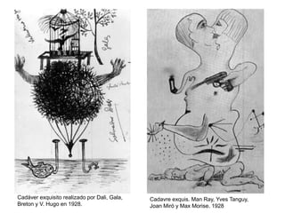 Cadavre exquis. Man Ray, Yves Tanguy,
Joan Miró y Max Morise. 1928
Cadáver exquisito realizado por Dali, Gala,
Breton y V. Hugo en 1928.
 