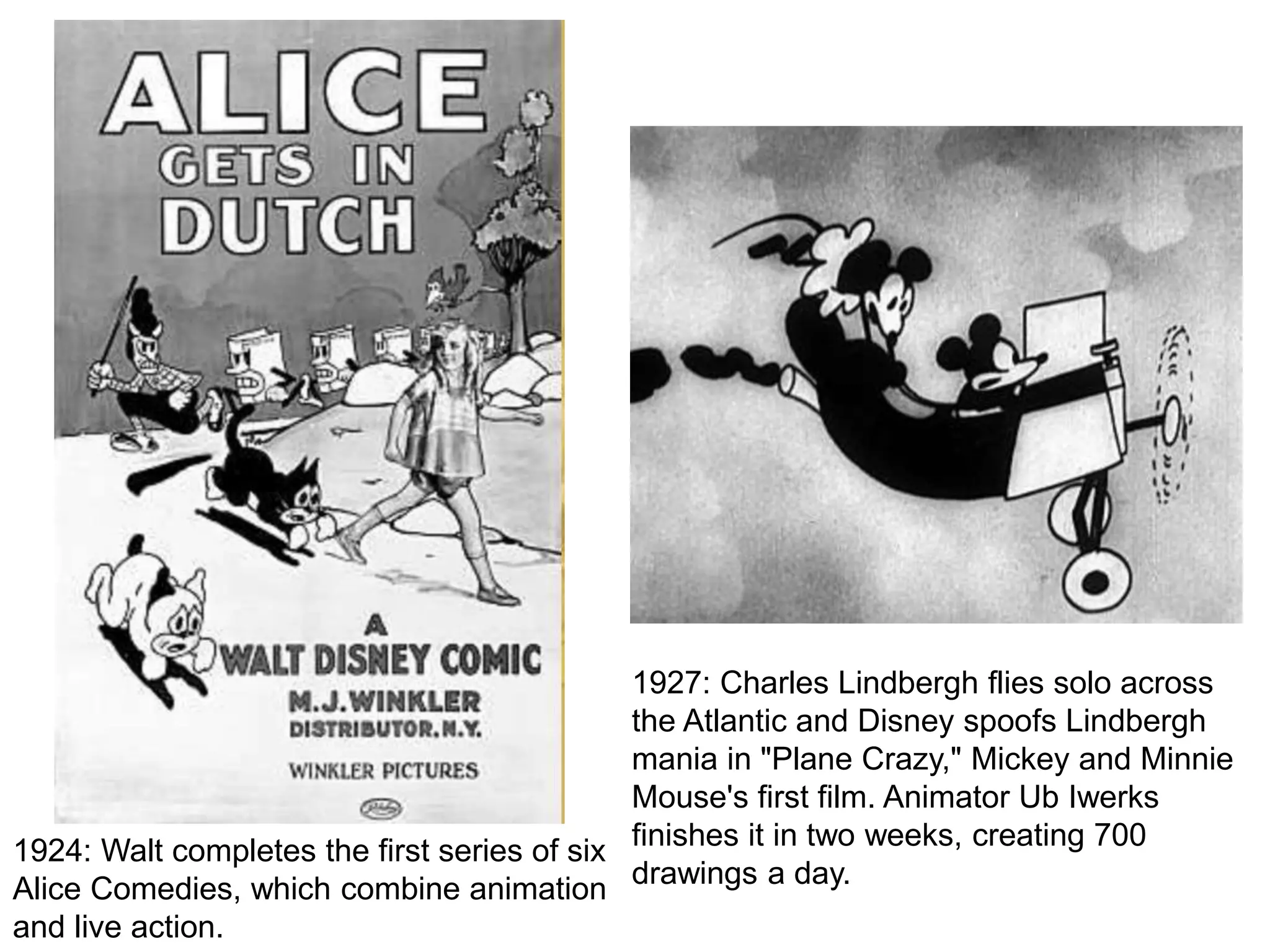 1924: Walt completes the first series of six
Alice Comedies, which combine animation
and live action.
1927: Charles Lindbergh flies solo across
the Atlantic and Disney spoofs Lindbergh
mania in "Plane Crazy," Mickey and Minnie
Mouse's first film. Animator Ub Iwerks
finishes it in two weeks, creating 700
drawings a day.
 