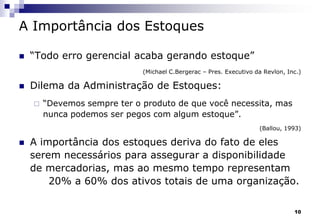 10
A Importância dos Estoques
 “Todo erro gerencial acaba gerando estoque”
(Michael C.Bergerac – Pres. Executivo da Revlon, Inc.)
 Dilema da Administração de Estoques:
 “Devemos sempre ter o produto de que você necessita, mas
nunca podemos ser pegos com algum estoque”.
(Ballou, 1993)
 A importância dos estoques deriva do fato de eles
serem necessários para assegurar a disponibilidade
de mercadorias, mas ao mesmo tempo representam
20% a 60% dos ativos totais de uma organização.
 