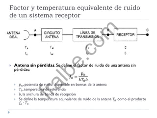 Factor y temperatura equivalente de ruido
de un sistema receptor
 Antena sin pérdidas. Se define el factor de ruido de una antena sin
pérdidas:
𝑓𝑎 =
𝑝 𝑛
𝑘𝑇0 𝑏
 𝑝 𝑛, potencia de ruido disponible en bornas de la antena
 𝑇0, temperatura de referencia
 𝑏, la anchura de banda de recepción
 Se define la temperatura equivalente de ruido de la antena 𝑇𝑎 como el producto
𝑓𝑎 ∙ 𝑇0
fralbe.com
 