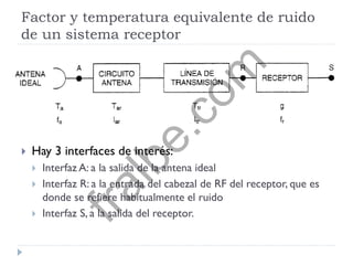 Factor y temperatura equivalente de ruido
de un sistema receptor
 Hay 3 interfaces de interés:
 Interfaz A: a la salida de la antena ideal
 Interfaz R: a la entrada del cabezal de RF del receptor, que es
donde se refiere habitualmente el ruido
 Interfaz S, a la salida del receptor.
fralbe.com
 