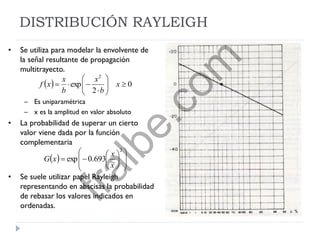 DISTRIBUCIÓN RAYLEIGH
• Se utiliza para modelar la envolvente de
la señal resultante de propagación
multitrayecto.
– Es uniparamétrica
– x es la amplitud en valor absoluto
• La probabilidad de superar un cierto
valor viene dada por la función
complementaria
• Se suele utilizar papel Rayleigh
representando en abscisas la probabilidad
de rebasar los valores indicados en
ordenadas.
  0
2
exp
2







 x
b
x
b
x
xf
  














2
~693.0exp
x
x
xG
fralbe.com
 