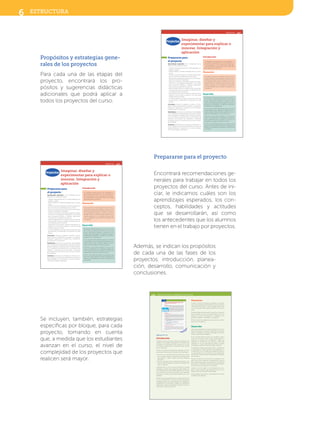 Propósitos y estrategias gene-
rales de los proyectos
Para cada una de las etapas del
proyecto, encontrará los pro-
pósitos y sugerencias didácticas
adicionales que podrá aplicar a
todos los proyectos del curso.
Prepararse para el proyecto
Encontrará recomendaciones ge-
nerales para trabajar en todos los
proyectos del curso. Antes de ini-
ciar, le indicamos cuáles son los
aprendizajes esperados, los con-
ceptos, habilidades y actitudes
que se desarrollarán, así como
los antecedentes que los alumnos
tienen en el trabajo por proyectos.
Además, se indican los propósitos
de cada una de las fases de los
proyectos: introducción, planea-
ción, desarrollo, comunicación y
conclusiones.
Se incluyen, también, estrategias
especíﬁcas por bloque, para cada
proyecto, tomando en cuenta
que, a medida que los estudiantes
avanzan en el curso, el nivel de
complejidad de los proyectos que
realicen será mayor.
PROYECTOS 147
El propósito de esta etapa es que los alumnos lle-
ven a cabo su proyecto; para ello, se les invita a
buscar, seleccionar, organizar y analizar la infor-
mación más adecuada que los ayude a resolver la
problemática planteada y a elaborar el producto
resultado de su investigación.
Se les proporcionan alternativas para comunicar
sus resultados; se les sugieren herramientas como:
medios orales, textos, modelos, gráficos y tecno-
logías de la información y la comunicación.
Asimismo, se les invita a integrar, en sus conclu-
siones, los elementos más relevantes surgidos du-
rante el desarrollo de su proyecto, así como sus
resultados y la explicación de los mismos.
Al final, se les pide que evalúen su proyecto; para
ello se les invita a reflexionar sobre el logro de sus
objetivos, la utilidad de su producto y el alcance de
su proyecto.
Desarrollo
El propósito es que los estudiantes elijan el tema y
el tipo de proyecto que realizarán, tomando como
referencia las preguntas de investigación opciona-
les sugeridas en el programa, o bien se les invita a
plantear otras de su propio interés. Además, se les
sugiere organizar, en un cronograma, las activida-
des que realizarán para alcanzar los objetivos de
su proyecto.
Planeación
Su finalidad es proporcionar a los estudiantes un
tema general relacionado con los contenidos vis-
tos en el bloque, e incluir información sobre algu-
nas problemáticas que pueden tomar como base
para desarrollar su proyecto.
Introducción
Proyectos Imaginar, diseñar y
experimentar para explicar o
innovar. Integración y
aplicación
Prepararse para
el proyecto
Aprendizajes esperados: Con el desarrollo de los
proyectos los estudiantes logran:
- Trabajar colaborativamente con responsabilidad, soli-
daridad y respeto.
- Definir objetivos y diseñar estrategias para su conse-
cución.
- Plantear y delimitar preguntas o hipótesis para respon-
der a una situación problemática de su interés.
- Seleccionar y sistematizar la información más relevan-
te para la investigación planteada.
- Utilizar la información generada mediante la experi-
mentación o investigación bibliográfica o de campo
para comprobar hipótesis y elaborar argumentos,
conclusiones y propuestas de solución.
- Elaborar objetos técnicos o experimentos que les per-
mitan describir, explicar y predecir los fenómenos físi-
cos relevantes para su proyecto.
- Sistematizar la información obtenida, organizar los re-
sultados y comunicarlos al grupo o a la comunidad
mediante diversos medios.
- Un avance gradual y una mayor autonomía en la toma
de decisiones, al desarrollar los proyectos de cada
bloque.
Conceptos: Proyecto ciudadano, científico y tecno-
lógico, situación problemática, hipótesis, cronograma,
búsqueda, organización y análisis de la información,
comunicación, conclusiones.
Habilidades: Se favorece el desarrollo de habilidades
como: identificación de problemas, formulación de pre-
guntas e hipótesis, recopilación de información, planea-
ción y realización de experimentos, comprobación de
hipótesis, comunicación de resultados y desarrollo
de explicaciones de los fenómenos y procesos natura-
les estudiados.
Actitudes: Se fomenta la curiosidad y el interés por co-
nocer y explicar situaciones problemáticas cercanas; la
responsabilidad y el compromiso, así como la disposi-
ción para el trabajo colaborativo.
PROYECTOS 147
El propósito de esta etapa es que los alumnos lle-
ven a cabo su proyecto; para ello, se les invita a
buscar, seleccionar, organizar y analizar la infor-
mación más adecuada que los ayude a resolver la
problemática planteada y a elaborar el producto
resultado de su investigación.
Se les proporcionan alternativas para comunicar
sus resultados; se les sugieren herramientas como:
medios orales, textos, modelos, gráficos y tecno-
logías de la información y la comunicación.
Asimismo, se les invita a integrar, en sus conclu-
siones, los elementos más relevantes surgidos du-
rante el desarrollo de su proyecto, así como sus
resultados y la explicación de los mismos.
Al final, se les pide que evalúen su proyecto; para
ello se les invita a reflexionar sobre el logro de sus
objetivos, la utilidad de su producto y el alcance de
su proyecto.
Desarrollo
El propósito es que los estudiantes elijan el tema y
el tipo de proyecto que realizarán, tomando como
referencia las preguntas de investigación opciona-
les sugeridas en el programa, o bien se les invita a
plantear otras de su propio interés. Además, se les
sugiere organizar, en un cronograma, las activida-
des que realizarán para alcanzar los objetivos de
su proyecto.
Planeación
Su finalidad es proporcionar a los estudiantes un
tema general relacionado con los contenidos vis-
tos en el bloque, e incluir información sobre algu-
nas problemáticas que pueden tomar como base
para desarrollar su proyecto.
Introducción
Proyectos Imaginar, diseñar y
experimentar para explicar o
innovar. Integración y
aplicación
Prepararse para
el proyecto
Aprendizajes esperados: Con el desarrollo de los
proyectos los estudiantes logran:
- Trabajar colaborativamente con responsabilidad, soli-
daridad y respeto.
- Definir objetivos y diseñar estrategias para su conse-
cución.
- Plantear y delimitar preguntas o hipótesis para respon-
der a una situación problemática de su interés.
- Seleccionar y sistematizar la información más relevan-
te para la investigación planteada.
- Utilizar la información generada mediante la experi-
mentación o investigación bibliográfica o de campo
para comprobar hipótesis y elaborar argumentos,
conclusiones y propuestas de solución.
- Elaborar objetos técnicos o experimentos que les per-
mitan describir, explicar y predecir los fenómenos físi-
cos relevantes para su proyecto.
- Sistematizar la información obtenida, organizar los re-
sultados y comunicarlos al grupo o a la comunidad
mediante diversos medios.
- Un avance gradual y una mayor autonomía en la toma
de decisiones, al desarrollar los proyectos de cada
bloque.
Conceptos: Proyecto ciudadano, científico y tecno-
lógico, situación problemática, hipótesis, cronograma,
búsqueda, organización y análisis de la información,
comunicación, conclusiones.
Habilidades: Se favorece el desarrollo de habilidades
como: identificación de problemas, formulación de pre-
guntas e hipótesis, recopilación de información, planea-
ción y realización de experimentos, comprobación de
hipótesis, comunicación de resultados y desarrollo
de explicaciones de los fenómenos y procesos natura-
les estudiados.
Actitudes: Se fomenta la curiosidad y el interés por co-
nocer y explicar situaciones problemáticas cercanas; la
responsabilidad y el compromiso, así como la disposi-
ción para el trabajo colaborativo.
BLOQUE 3 / SECUENCIA 13150150 PROYECTO BLOQUE 1. SUGERENCIAS DIDÁCTICAS
Páginas 70 a 73
Introducción
Organice una lluvia de ideas donde los estudiantes re-
cuperen los conceptos estudiados en el bloque, rela-
cionados con la descripción del movimiento y la fuer-
za. Invítelos a seleccionar los contenidos que más les
hayan interesado.
Escriba en el pizarrón las preguntas sugeridas en el pro-
grama para el desarrollo del proyecto de este bloque:
•	 ¿Cómo	es	el	movimiento	de	los	terremotos	o	tsuna-
mis, y de qué manera se aprovecha esta información
para prevenir y reducir riesgos ante estos desastres
naturales?
•	 ¿Cómo	se	puede	medir	la	rapidez	de	personas	y	ob-
jetos en algunos deportes; por ejemplo, beisbol, atle-
tismo y natación?
Indíqueles que no son las únicas opciones e invítelos
a plantear y escribir otras preguntas relacionadas con
los contenidos que previamente registraron en su bitá-
cora. Guíelos hacia el tipo de proyecto que realizarán,
tomando en cuenta los contenidos elegidos por los es-
tudiantes.
Invítelos a leer las problemáticas y los datos que se ofre-
cen en la introducción de cada uno de los proyectos,
correspondientes con cada pregunta de investigación
(sugeridas por el programa) y pídales que reflexionen
sobre ellas y sobre los contenidos que hayan sido de su
interés en el estudio del bloque.
Planeación
Invítelos a revisar las preguntas sugeridas en el progra-
ma, las que plantearon previamente y las de la sección
“Pistas para mi proyecto” y que en equipo seleccionen
una, la cual será la base para el desarrollo de su pro-
yecto.
También pídales que delimiten los alcances y dirección
de su proyecto, lo que los orientará hacia un tipo en
particular (científico, tecnológico o ciudadano) y les
ayudará a plantear su hipótesis y sus objetivos.
Al final de esta fase, pídales que organicen las activida-
des en un cronograma.
Desarrollo
Invite a los estudiantes a recopilar la información nece-
saria para resolver la situación problemática que plan-
tearon. Indíqueles la importancia de elegir información
verídica y de fuentes confiables.
Al ser el primer proyecto del curso, ayúdelos a selec-
cionar la información más útil que pueda explicar o
responder su pregunta de investigación. Pídales que
organicen la información que reunieron; para ello,
sugiérales el uso de organizadores gráficos (cuadros
comparativos, gráficas, fichas de trabajo, etcétera).
Oriéntelos en la elaboración del producto, resultado de
su investigación. Puede sugerirles una presentación o
la elaboración de un modelo que explique el fenóme-
no que estudiaron con su proyecto, lo que, además de
ser atractivo, favorece en ellos el desarrollo de habilida-
des científicas.
Motive a los alumnos a comunicar los resultados. Si eli-
gen comunicarlo mediante una presentación, dirija la
sesión donde presenten sus resultados en un ambiente
de respeto y cordialidad. Al final de cada presentación,
dirija una sesión de preguntas y respuestas.
Invítelos a concluir sobre lo más relevante de su pro-
yecto. Puede sugerirles que elaboren un texto, en su
bitácora, con las conclusiones principales.
Al final, pídales que evalúen su desempeño de manera
individual y por equipos.
Secuencia
55
Proyecto
70
¿Cómo es el movimiento de los terremotos o tsunamis, y de qué
manera se aprovecha esta información para prevenir y reducir
riesgos ante estos desastres naturales?
Proyecto
El jueves 19 de septiembre de 1985 ocurrió, en la zona centro del país, el terremoto de mayor
magnitud que ha sufrido México: 8.1 grados en la escala de Richter. Este fenómeno sísmico
sucedió a las 07:19 h, duró poco más de dos minutos y causó el derrumbe de muchas cons-
trucciones y la muerte de miles de personas. El epicentro se localizó frente
a las costas de los estados de Guerrero y Michoacán. Los sitios más afec-
tados fueron el Distrito Federal, Michoacán, Guerrero y Jalisco. Es impor-
tante resaltar la réplica que se registró al día siguiente a las 19:38 h con
una intensidad de 7.9 grados Richter y que también causó graves daños.
¿Saben qué es un sismo, un terremoto o un tsunami? ¿Qué relación
tienen estos fenómenos con los tipos de movimientos que estudiaron en
el bloque? ¿Conocen los riesgos de estos fenómenos? ¿Saben qué hacer
en caso de un sismo, de un terremoto o de un tsunami?
Planeación
Elección del tema del proyecto
Debido a que gran parte de nuestro territorio se encuentra dentro de una zona sísmica, es
importante comprender la naturaleza de los movimientos telúricos y estar informados sobre
los riesgos que conllevan, así como de las acciones que debemos realizar para nuestra propia
seguridad. Decide con tus compañeros de equipo el proyecto que van a realizar; puede ser
de investigación sobre las causas que provocan un sismo o un tsunami (científico); de lo que
debe hacerse antes, durante y después de un sismo (ciudadano); de diseñar un instrumento
para detectar y medir movimientos sísmicos (tecnológico), etcétera. Den libertad a sus in-
quietudes e intereses.
Para elegir su tema les recomendamos acudir a la dirección de protección civil de su estado,
al cenapred, o con algún especialista en procedimientos de seguridad que se deben seguir en
caso de sismos. También pueden entrevistar a un especialista en ciencias de la Tierra para que
les explique la teoría de las placas tectónicas y la causa de los sismos y los tsunamis.
Si es posible, consulten los libros:
• Tonda, J., Los temblores , sep-adn Editores, México, 1997.
• Lomnitz, C., Los temblores , sep-Conaculta, México, 2003.
La siguientes páginas de Internet también les pueden ser útiles:
http://www.edutics.mx/ZQy
http://www.edutics.mx/ZQF
Recuerden que éstas son sólo sugerencias, ustedes pueden decidir su proyecto sobre cual-
quier tema visto en el bloque que sea de su interés.
Organización de las actividades
Para iniciar el proyecto es necesario tener un punto de partida; son los conocimientos pre-
vios que tienen sobre el tema. Les sugerimos que entre todos los integrantes elaboren en sus
bitácoras un listado con los conceptos que estudiaron en el bloque y que se relacionan su
proyecto. Tomen en cuenta las respuestas a las preguntas de la sección “Pistas para mi pro-
yecto” que se encuentran vinculadas con este tema, pues les servirá para definir los objetivos
del proyecto a realizar.
Qué hacer en:
Sismos
Incendios
1
Conserve
la
calma
3
Retírese
de ventanas
y objetos que
puedan caer
6
Localice
la ruta de
evacuación5
Ubíquese
en zonas
de
seguridad
2
Elimine
fuentes
de
incendio
4
No
use
elevadores
1
Conserve
la
calma
4
Use
el
extintor
3
Emita
la
alarma
5
Obedezca
indicaciones
del personal
capacitado
6
SALIDA
Si puede
ayude
si no
retírese
9
Si el humo
es denso
arrástrese
por el suelo
8
Humedezca
un trapo
y cubra
nariz y boca
7
No
use
elevadores
2 BASURA
Identifique
qué
origina el
incendio
SFUFI2SB_B1.indd 70 23/11/12 18:54
pág.70
6 ESTRUCTURA
SFUFI2TG_B0.indd 6 28/06/13 17:55
 