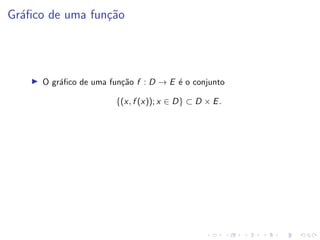 Gráfico de uma função
I O gráfico de uma função f : D → E é o conjunto
{(x, f (x)); x ∈ D} ⊂ D × E.
 