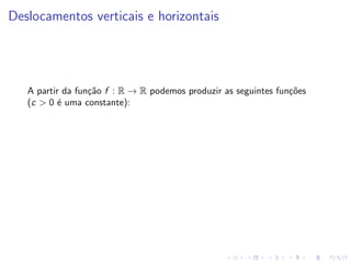 Deslocamentos verticais e horizontais
A partir da função f : R → R podemos produzir as seguintes funções
(c  0 é uma constante):
 