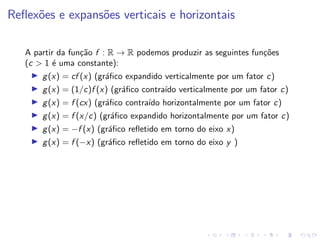 Reflexões e expansões verticais e horizontais
A partir da função f : R → R podemos produzir as seguintes funções
(c  1 é uma constante):
I g(x) = cf (x) (gráfico expandido verticalmente por um fator c)
I g(x) = (1/c)f (x) (gráfico contraı́do verticalmente por um fator c)
I g(x) = f (cx) (gráfico contraı́do horizontalmente por um fator c)
I g(x) = f (x/c) (gráfico expandido horizontalmente por um fator c)
I g(x) = −f (x) (gráfico refletido em torno do eixo x)
I g(x) = f (−x) (gráfico refletido em torno do eixo y )
 