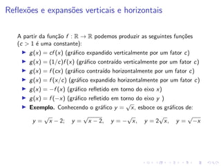 Reflexões e expansões verticais e horizontais
A partir da função f : R → R podemos produzir as seguintes funções
(c  1 é uma constante):
I g(x) = cf (x) (gráfico expandido verticalmente por um fator c)
I g(x) = (1/c)f (x) (gráfico contraı́do verticalmente por um fator c)
I g(x) = f (cx) (gráfico contraı́do horizontalmente por um fator c)
I g(x) = f (x/c) (gráfico expandido horizontalmente por um fator c)
I g(x) = −f (x) (gráfico refletido em torno do eixo x)
I g(x) = f (−x) (gráfico refletido em torno do eixo y )
I Exemplo. Conhecendo o gráfico y =
√
x, esboce os gráficos de:
y =
√
x − 2; y =
√
x − 2, y = −
√
x, y = 2
√
x, y =
√
−x
 