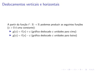 Deslocamentos verticais e horizontais
A partir da função f : R → R podemos produzir as seguintes funções
(c  0 é uma constante):
I g(x) = f (x) + c (gráfico deslocado c unidades para cima)
I g(x) = f (x) − c (gráfico deslocado c unidades para baixo)
 