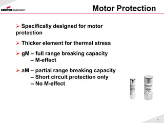 Motor Protection
4
 Specifically designed for motor
protection
 Thicker element for thermal stress
 gM – full range breaking capacity
– M-effect
 aM – partial range breaking capacity
– Short circuit protection only
– No M-effect
 