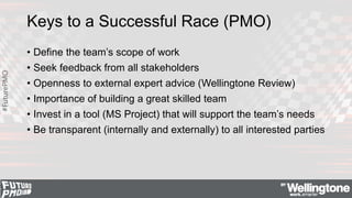 #FuturePMO
Keys to a Successful Race (PMO)
• Define the team’s scope of work
• Seek feedback from all stakeholders
• Openn...