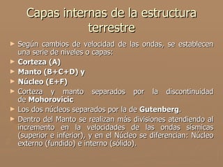 Capas internas de la estructura
                 terrestre
►   Según cambios de velocidad de las ondas, se establecen
    una serie de niveles o capas:
►   Corteza (A)
►   Manto (B+C+D) y
►   Núcleo (E+F)
►   Corteza y manto separados por la discontinuidad
    de Mohorovicic
►   Los dos núcleos separados por la de Gutenberg.
►   Dentro del Manto se realizan más divisiones atendiendo al
    incremento en la velocidades de las ondas sísmicas
    (superior e inferior), y en el Núcleo se diferencian: Núcleo
    externo (fundido) e interno (sólido).
 