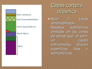 Capas corteza
    oceánica
► Nivel      2:       Lavas
  almohadilladas.
  Basaltos     submarinos
  emitidos en las zonas
  de dorsal que, al sufrir
  un                 rápido
  enfriamiento, ofrecen
  superficies    lisas    y
  semiesféricas.
 