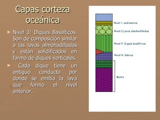 Capas corteza
       oceánica
►   Nivel 3: Diques Basálticos.
    Son de composición similar
    a las lavas almohadilladas
    y están solidificados en
    forma de diques verticales.
►     Cada dique tiene un
    antiguo    conducto     por
    donde se emitía la lava
    que     formó   el    nivel
    anterior.
 