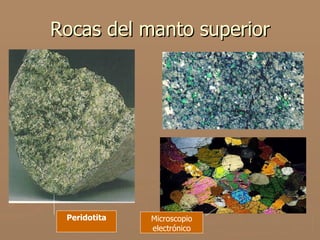 Rocas del manto superior




 Peridotita   Microscopio
              electrónico
 