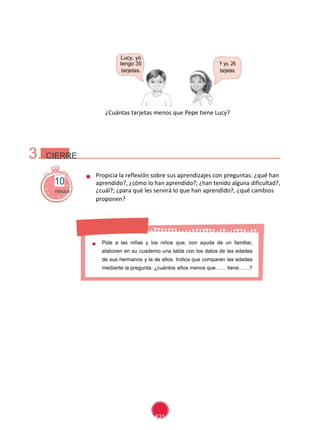 Segundo Grado - Unidad 6 - Sesión 11
Lucy, yo
Y yo, 26tengo 35
tarjetas. tarjetas.
¿Cuántas tarjetas menos que Pepe tiene Lucy?
3. CIERRE
10
Propicia la reflexión sobre sus aprendizajes con preguntas: ¿qué han
aprendido?, ¿cómo lo han aprendido?; ¿han tenido alguna dificultad?,
minutos ¿cuál?; ¿para qué les servirá lo que han aprendido?, ¿qué cambios
proponen?
Pide a las niñas y los niños que, con ayuda de un familiar,
elaboren en su cuaderno una tabla con los datos de las edades
de sus hermanos y la de ellos. Indica que comparen las edades
mediante la pregunta: ¿cuántos años menos que…… tiene……?
431
 