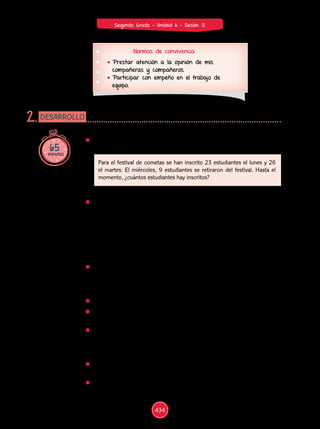 Normas de convivencia
	Prestar atención a la opinión de mis
compañeras y compañeros.
	Participar con empeño en el trabajo de
equipo.
65minutos
DESARROLLO2.
	 Presenta en un papelote el siguiente problema:
	 Facilita la comprensión del problema. Pide a los estudiantes que lean
el enunciado de forma individual. Plantea preguntas, por ejemplo:
¿de qué trata el problema?, ¿quiénes participan en el festival de
cometas?; ¿cuántos estudiantes se han inscrito el lunes?, ¿cuántos
se inscribieron el martes?, ¿cuántos se retiraron?; ¿qué se pide en el
problema? Anímalos a expresar el problema con sus propias palabras.
Si notas falta de claridad en sus expresiones, puedes leer con ellos y
formular repreguntas.
	 Propicia la búsqueda de estrategias mediante preguntas: ¿conocen
algún problema parecido?, ¿han resuelto antes un problema como
este?; ¿qué harán primero?, ¿y después?, ¿cómo procederán?; ¿qué
necesitan?, ¿qué material concreto utilizarán?
	 Recomiendaeltrabajo engrupos. Dafacilidades paraqueseorganicen.
	 Ubica el material concreto (Base Diez o ábaco, botones, semillas,
chapitas, canicas) en un lugar seguro y próximo a las niñas y los niños.
	 Bríndales apoyo a fin de que puedan ejecutar las estrategias
propuestas. Guía la experiencia vivencial de los estudiantes mediante
la utilización del material concreto que consideren pertinente, pero
evita proponer el que creas que deban utilizar.
	 Proporciona el tiempo adecuado para que manipulen el material
elegido y concreten sus estrategias planteadas.
	 Promueve la realización de dibujos, gráficos, esquemas y símbolos.
Para el festival de cometas se han inscrito 23 estudiantes el lunes y 26
el martes. El miércoles, 9 estudiantes se retiraron del festival. Hasta el
momento, ¿cuántos estudiantes hay inscritos?
434
Segundo Grado - Unidad 6 - Sesión 12
 