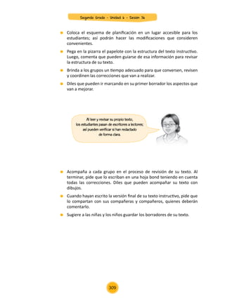 Coloca el esquema de planificación en un lugar accesible para los
estudiantes; así podrán hacer las modificaciones que consideren
convenientes.
	 Pega en la pizarra el papelote con la estructura del texto instructivo.
Luego, comenta que pueden guiarse de esa información para revisar
la estructura de su texto.
	 Brinda a los grupos un tiempo adecuado para que conversen, revisen
y coordinen las correcciones que van a realizar.
	 Diles que pueden ir marcando en su primer borrador los aspectos que
van a mejorar.
	 Acompaña a cada grupo en el proceso de revisión de su texto. Al
terminar, pide que lo escriban en una hoja bond teniendo en cuenta
todas las correcciones. Diles que pueden acompañar su texto con
dibujos.
	 Cuando hayan escrito la versión final de su texto instructivo, pide que
lo compartan con sus compañeras y compañeros, quienes deberán
comentarlo.
	 Sugiere a las niñas y los niños guardar los borradores de su texto.
Al leer y revisar su propio texto,
los estudiantes pasan de escritores a lectores;
así pueden verificar si han redactado
de forma clara.
309
Segundo Grado - Unidad 6 - Sesión 36
 