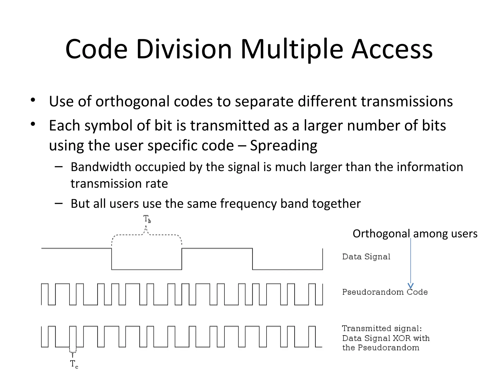 Code Division Multiple Access
• Use of orthogonal codes to separate different transmissions
• Each symbol of bit is transmitted as a larger number of bits
using the user specific code – Spreading
– Bandwidth occupied by the signal is much larger than the information
transmission rate
– But all users use the same frequency band together
Orthogonal among users
 