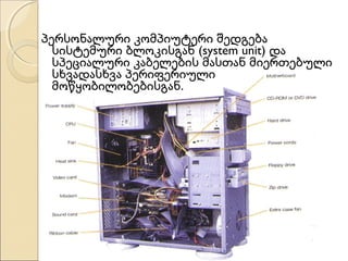 პერსონალური კომპიუტერი შედგება
სისტემური ბლოკისგან (system unit) და
სპეციალური კაბელების მასთან მიერთებული
სხვადასხვა პერიფერიული
მოწყობილობებისგან.

 