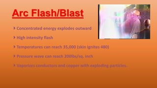 Arc Flash/Blast
 Concentrated energy explodes outward
 High intensity flash
 Temperatures can reach 35,000 (skin ignites 480)
 Pressure wave can reach 200lbs/sq. inch
 Vaporizes conductors and copper with exploding particles.
 