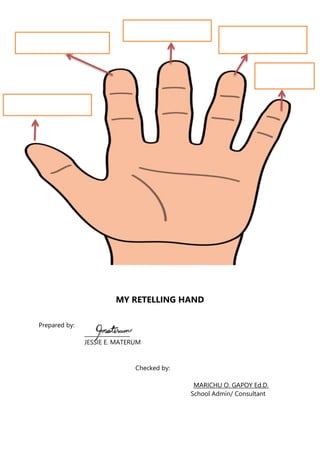 MY RETELLING HAND
Prepared by:
_________________
JESSIE E. MATERUM
Checked by:
MARICHU O. GAPOY Ed.D.
School Admin/ Consultant
 