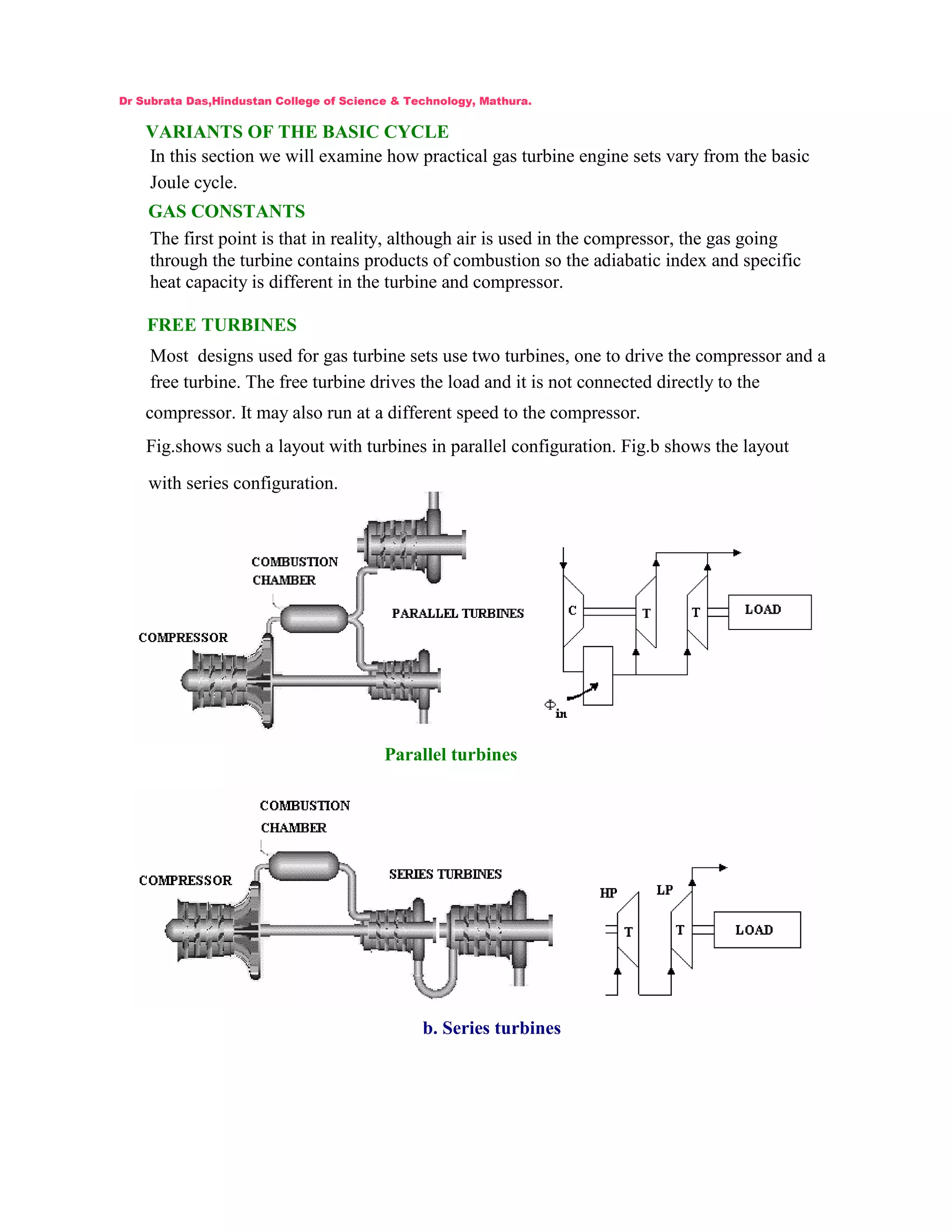 VARIANTS OF THE BASIC CYCLE
In this section we will examine how practical gas turbine engine sets vary from the basic
Joule cycle.
GAS CONSTANTS
The first point is that in reality, although air is used in the compressor, the gas going
through the turbine contains products of combustion so the adiabatic index and specific
heat capacity is different in the turbine and compressor.
FREE TURBINES
Most designs used for gas turbine sets use two turbines, one to drive the compressor and a
free turbine. The free turbine drives the load and it is not connected directly to the
compressor. It may also run at a different speed to the compressor.
Fig.shows such a layout with turbines in parallel configuration. Fig.b shows the layout
with series configuration.
Parallel turbines
b. Series turbines
Dr Subrata Das,Hindustan College of Science & Technology, Mathura.
 
