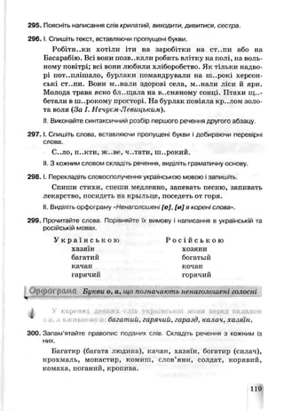 295. Поясніть написання слів крилатий, виходити, дивитися, сестра.
2 9 6 .1. Спишіть текст, вставляючи пропущені букви
Робітники хотіли іти на заробітки на ст„.пи або на
Басараб:!ю. Всі вони позв..кали j обить влітку на полі, на воль­
ному повітрі; всі вони любили хліборобство. Як тільки надво­
рі пот..ш піало, бурлаки помандрували на ш..рокі херсон­
ські ст..пи. Вони м..нали здирові села, м..нали ліси й яри.
Молода трава ясно бл..щала на весняному сонці. Птахи щ е­
бетали в широкому просторі. На бурлак повіяла кр..лом золо­
та воля (За І. Нечуєм-Левицьким).
II.Виконайте синтаксичний розбір першого речення другого абзацу
2 9 7 .1. Спишіть слова, вставляючи пропущені букви і добираючи перевірн
слова
С-.ло, п..кти, ж..ве, ч.-^ати, ш..рокий.
II.З кожним словом склад.ть речення, виділіть граматичну основу
2 9 8 .1. Перекладіть словосполучення українською мовою ізапишіть.
Спиши стихи, спеши медленно, запевать песню, запивать
лекарство, посидеть за крыльце, поседеть от горя.
II.Виділіть орфограму ■«Ненаголошені [е], [и] в корені слова».
2F9. Прочитайте слова Пор вняйте їх видову і написання в українській та
російській мовах
У к р а ї н с ь к о ю Р о с і й с ь к о ю
хазяїн хозяин
багатий богатый
качан кочан
гарячий горячий
pclMtf Букви о, а, що позначають ненаголошені голосні
і «ѵ коренях деяких ' іь укрнінської .мови перед складом
■те. багатий, гарячий, гаразд, ка пач, хазяїн.
300. Запам’ятайте грапопис псданих слів. Складіть речення з кожним із
них.
Багатир (багата людина), качан, хазяїн, богатир (силач),
крохмаль, монастир, комиш, слов’яни, солдат, ісорявий,
комаха, поганий, кропива
119
 