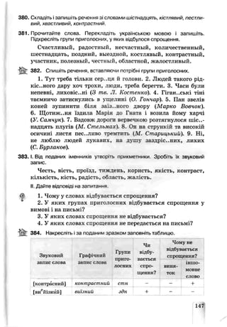 380 Складіть ізапишіть речення зі словами шістнадцять, кістлявий, пестли­
вий, хвастливий, контрастний.
381. Прочитайте слова. Перекладіть українською мовою і запишіть.
Підкресліть групи приголосних, у яких відбулося спрощення.
Счастливый, радостный, несчастный, количественный,
шестнадцать, поздний, выездной, костлявый, контрастный,
участник, полезный, честный, областной, жалостливый.
382. Спишіть речення, вставляючи потрібні групи приголосних.
1. Тут треба тільки сер .ця й голови. 2. Людей такого рід-
кіс..ного дару хоч трохи, люди, треба берегти. 3. Часи були
непевні, лиховіс..ні (З те. Л. Костенко). 4. Гігантські тіні
таємничо затиснѵлись в ущелині (О. Гончар). 5. Пан звелів
коней зупинити біля з&_з. .ного двору (Марко Вовчок).
6. Щотиж..ня їздила Марія до Гната і возила йому харчі
(У. Самчук). 7. Вздовж дорсги вервечксю розтягнулося ш іст­
надцять плугів (М. Стельмах). 8. Он на стрункій та високій
осичині листя пес..лііво тремтить (М. Старицький). 9. Ні,
не люблю людей лукавих, на душу заздріс..них, лихих
(С. Бурлаков).
3 8 3 .1. Від поданих іменників утворіть прикметники Зроб.гь їх звуковий
запис.
Честь, вість, проїзд, тиждеяь, користь, якість, контраст,
кількість, кість, радість, обтасть, жалість.
II. Дайте відповіді на запитачня.
<5! 1. Чому у словах відбувається спрощення?
2. У яких групах приголосних відбувається спрощення у
вимові і на письмі?
3. У яких словах спрощення не відбувається?
4. У яких словах спрощення не передається на письмі?
384. Начресліть і за поданим зразком заповніть таблицю
Звуковий
запис слова
Графічний
запи с слова
Групи
приго­
лосних
Чи
відбу­
вається
спро­
щення?
Чому не
відбувається
спрощення?
іНШО-
виня-
1УІОБНЄ
ток
слово
[контрасний] контрастний стн - +
[виейізний] виїзний здн + -
147
 