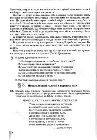Здається, зозуля ніколи не може наїстись: цілий день вона літає і
визбирує по гілках дерев шкідників.
Зозуля — дуже чудна пташка. Ще з давніх часів запримічено,
що вона не мостить собі гнізда і ніколи сама не виводить пташе­
нят. Це єдиний ьі- іадок серед птахів і звірів, що батьки не дбають
про дітей. Зі своїми ж яйцями зозуля ось як робить: літаючи, вона
вишукує гніздо, в якому є яйце, і кладе туди своє. При цьому
хазяйське викидає. До чужого п ізда вона завжди підкрадається
потайки Птаїшса, якій підкладено зозуляче яйце, висиджує його
як своє і вигодовує зозуленя.
А дитинча зосулі зажерливе, їсть цуже багато. Увібравшись у
пір’ячко, зозуленя викидає з гнізда інших пташенят або й убиває.
Водночас зозуля — дуже корисна пташка, її треба захищати. За
літо вона поїдає величезну кількість гусені, яка шкодить у лісі і в
садку.
Відлітає у вирій ця пташина ще влітку, сама по собі, не трима­
ючись гурту з іншими зозулями (За У. Кравченко).
II. Дайте відповіді на запитання.
1. Які народні прикмети пов’язані із зозулею?
2. Чим харчується ця пташка?
3. Чому зозулю називають чудною птатчкою?
4. Як поводиться зозуленя в чужому гнізді?
5. Чи можна назвати зозулю корисним птахом?
6. Чи відлітає зозуля у вирій?
III. П.ДІ отуйте докладний усний переказ тексту.
^ ■, г1• Ненаголошені голосні в коренях слів
34. Спишіть вірш Григорія Паламарчука, вставляючи пропущені букви.
Виділіть корінь у словах з пропущеними буквами. Як ви перевірятиме­
те написання ненаголошених [е], [и] в корені слова'’
ЧОМУ В..СЕЛИКАМИ ЗВУТЬСЯ ЖУРАВЛІ
Тому в..селиками звуться журавлі,
що прилітають до в.,селої з.,млі,
що теплий день приносять на чрилі
і залишаються у нашому с..лі.
Лиш нав..сні в..селики вони1
а журавлями звуться вос..ни,
бо журяться, у вирій Л..ТЮЧИ,
бо не заміниш рідний край нічим.
Г. Паламарчук
18
 