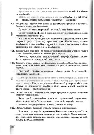 4) безсуфіксальний: синій —>синь;
5) складання слів, основ або частин основ: всюди і ходити
—»всюдихід;
6) перехід однієї частини мови в іншу солодке (я к е?) печи­
во — прикметник, люблю (що?) солодке — іменник.
505. Утворіть ыд поданих нові слова за допомогою ірефіксів і запишіть.
Позначте словотворчі префікси.
Думати, казатч, морський, вчити, їхати, бити, терти.
і Словотворчі префікси і суфікси позначаються однаковими
умовними значками (7^).
У слові може бути два-три префікси (суфікси), але слово­
творчий префікс (суфікс) серед них один. Наприклад, у слові
позбирати є два префікси — по- і з-, але словотзорчим є тіль
ки префікс по-: збирати —>по збирати.
506. Визначте, від яких слів . за допомогою яких префіксіь утворені подгні
слова. Запишіть, позначте словотворчі префікси
Спекти, пересидіти, надпотужний, перефарбувати, полю­
бити, провесна, премудрий, засушити.
507. Запишіть слова, утворені суфіксальним способом. З’ясуйте, за допо­
могою яких суфіксів і від яких слів вони утвооені. Позначте словотворчі
суфікси.
Річковий, різьба, продавець, лі гак, житній, дорожній,
стратпний, казковий.
Щоб ір< втільь і ви і q іги спосіб словотворення, потрібно
И Д ІЛ Н Т И V' ІИХСѴТІ в а ? твірну основу (рос. производя-
і, іи основт Наприклад: слово безцінний утворене від слова
цінний за допомогою префікса без-; отже, спосіб творення
цього слоьа — префіксальний.
508. І. Спишіть слова. Позначте словотворчі префікси і суфікси. Визначте
способи творення слів.
Козацький, зазеленіти, мгківка, приміський, приказка,
підсніжник, дружба, малюнок, сонячний, перехід, зелень.
II. Запишіть складне речення з трьома словами на вибір,
509. І. Спишіть текст. Визначіе способи твороння виділених сліз.
У долині, до верхів переповненій сонцем, тихо причаїлось
село, через яке тек ла шумливп річка, стрімко бігла залізни­
ця. Маленька хагка, що стояла між лісами, притягає мій
погляд (За С. Пуиіиком).
188
 