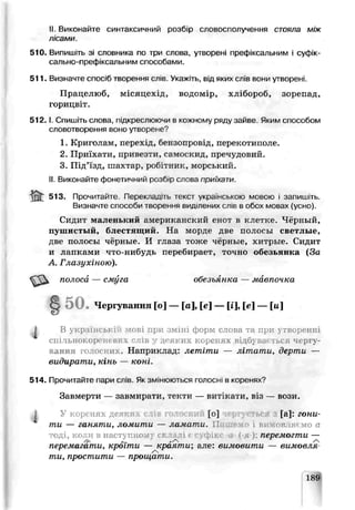 II. Викопайте синтаксичний розбір словосполучення стояла між
лісами.
510. Випишіть зі словника по тру слова, утворені префіксальним і суфік­
сально-префіксальним способами.
511. Визначте спосіб творення слів. Укажіть, в.д яких слів вони утворені.
Працелюб, місяцехід, водомір, хлібороб, зорепад,
горицвіт.
5 1 2 .1 Спишіть слова, підкреслюючи в кожному рлду зайве. Яким способом
СЛОВОТВОре'їНЯ воно утворене?
1. Криголам, перехід, бензопровід, перекотиполе.
2. Приїхати, привезти, самоскид, пречудовий.
3. Під’їзд, шахтар, робітник, морський.
II. Виконайте фонетичний розбір слова приїхати.
513. Прочитайте. Переклаг^ь текст укра нською мовою . запишіть.
Визначте способи творення виділених слів в обох мовах (усно).
Сидит маленький американский енот в клетке. Чёрный,
пушистый, блестящий. На морде две пилосы светлые,
две полосы чёрные. И глаза тоже черные, хитрые. Сидит
и лапками что-нибудь перебирает, точно обезьянка (За
А. Глазухіною).
I В укр. нськ ft -лов при злі ні форм слова та при утворенні
спільнс ,ор nfcBi  ’лів у деяких коренях відб] ва ться чергу­
вання голосних. Наприклад: летіти — літати, дерти —
видирати, кінь —коні
514. Прочитайте пари слів. Як змінюються голосні в коренях?
Завмерти — завмирати, текти — витікати, віз — вози.
У коренях д< [о] [а]: гони­
ти — ганяти, ломити — гамати. і в и ѵ ;п е яі мо а
тоді, коли в наступному складі <суфікс <j t-я-): перемогти —
перемагати, кроїгЯи — краяти; але: вимовити — вимовля­
ти, простити — прощати.
полоса — смуга обезьянка — мавпочка
t > 0 . Чергування [о] — [а], [е] — [і], [е] — Ги]
 
