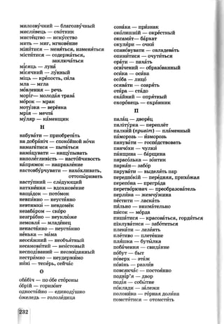 милозвучний — благозвучный
мисливець — охотник
мистецтво —искусство
мить — миг, мгновение
мінйтися — меняться, изменяться
міститися —содержаться,
заключаться
місяць —луна
місячний —лунный
міць — крепость, сила
мла — мгла
мовлення —речь
моріг— молодая трава
морок — мрак
мотузка — верёвка
мрія — мечта
муляр — каменщик
Н
набувати — приобретать
на добраніч — спокойной ночи
намагатися — пытаться
намацувати — нащупывать
наполегливість — настойчивость
напрямок — направление
настовбурчувати — нахохливать,
оттопыривать
наступний — следующий
натхнення — вдохновение
нащадок —потомок
невпинно — неустанно
невтямки — невдомёк
незабаром —скоро
незграбно — неуклюже
немовля — младенец
ненастанно — неустанно
нёнька — мама
неосяжний — необъятный
несамовитий — неистовый
несподіваний — неожиданный
нестримно — неудержимо
нйні — теперь, сейчас
О
обабіч — по обе стороны
обрій — горизонт
одностайно —единодушно
ожеледь — гололедица
ознака — признак
околишній —окрестный
оксамйт— бархат
окуляри — очки
опановувати —овладевать
опинитися — очутиться
орати — пахать
освічений — образованный
осйка — осина
особа —лицо
осявати — озарять
отара — стадо
охайний — опрятный
охоронець — охранник
П
палац —дворец
палітурка — переплёт
палкий (привіт) — пламенный
паморозь —изморозь
панувати — госпбдствовать
панчохи —чулки
панщина — барщина
парасолька — зонтик
паркан— забор
парувати — выделять пар
передпокій — передняя, прихожая
перепона — преграда
перетворювач — преобразователь
перлина — жемчужина
пёстити — ласкать
пйльно — внимательно
пйсок — морда
пишатися — красоваться, гордиться
піклуватися — заботиться
плекати —лелеять
плётиво — плетение
пляшка —бутылка
побачення — свидание
побут — быт
поверх —этаж
повінь — разлив
повсякчас — постоянног
подвір’я —двор
подія —событие
поклади — залежи
полонина — горная долина
помститися —отомстить
282
 
