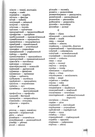 поночі —темно, впотьмах
порада — совет
поринати — нырять
постать — фигура
потай —тайком
потужний — мощный
почуття — чувство
поштовх — толчок
пральня — прачечная
працездатний — трудоспособный
презирство — презрение
прибільшений —преувеличенный
приваблювати — привлекать
привітатися — поздороваться
привітний — приветливый
пригнічений — угнетённый
прикраса — украшение
прикрашений — украшенный
прилад — прибор
примісячитися — прилуниться
принциповий — принципиальный
прислів’я — пословица
присмерк —сумерки
пристаркуватий — пожилой
приязний —дружеский
прізвище — фамилия
прізвисько —прозвище
прірва — пропасть
пробувати — пытаться
пройдисвіт — проходимец
пролісок — подснежник
промінь —луч
промовець —докладчик,
выступающий
профспілка — профсоюз
прудкий—быстрый
прямувати — направляться
птахівник— птицевод
пурхати — порхать
Р
раптом — вдруг, внезапнр
рвучкий— порывистый
рёгіт — хохот
різнитися — отличаться
різнобарвний — разноцветный
різьбяр — резчик
рілля — пашня
рільник — полевод
розвага — развлечение
розвантажувати — разгружать
розпечений —раскалённый
розхитати —расшатать
руйнувати — разрушать
рушник— полотенце
рушниця — ружьё
С
сарна — серна
селищний — поселковый
сйвий —седой
синь — синева
скйбка —ломоть
скрйнька — сундучок, ящичек
славнозвісний — прославленный
слідчий — следователь
сліпучий — ослепительный
слухняний — послушный
сльота — слякоть
смак — вкус
смуга — полоса
смуток — печаль
сокира —топор
соняшник — подсолнух
сором — стыд
спалахувати — вспыхивать
спёка — жара
співачка — певица
спілка — союз
спільний —общий
сподіватися —надеяться
споконвічний — извечныи
сполучення —сочетание
спостережний — наблюдательный
(пункт)
спочинок —отдых
справа —дело
справжній — настоящий
спрощення —упрощение
сріблястий —серебристый
ставок — пруд
стовбур — ствол
стражденний —страждущий
стрибок — прыжок
стримано — сдержанно
стрічка —лента
233
 