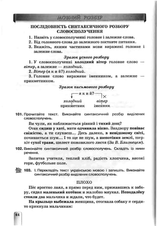 М О З М У Ж Р О З Б І Р
щПОСЛІДОВНІСТЬ СИНІ АКСИЧНОГО РОЗБОРУ
СЛОВОСПС ЛУЧЕННЯ
1. Назвіть у словосполученні головне і залежне слова.
2. Від головного слова до залежного поставте питання.
3. Вкажіть, якими частинами мози виражені головне і
залежне слова.
Зразок усного розбору
1. У словосполученні холодний вітер головне слово —
вітер, а залежне — холодний.
2. Вітер ( я к и й?) холодний.
3. Головне слово виражене іменником, а залежне —
прикметником.
Зразок письмового розбору
і----я к и й ? -----1
 ІХ
холодний вітер
прикметник іменник
101. Прочитайте текст. Виконайте синтаксичний розбір виділених
словосполучень.
Ви чули, як наближається рівний і тихий дощ?
Отак сидиш у хаті, мати одчинила вікно. Знадвору повіває
свіжістю, а ти слухаєш... Дссь далеко, в невідомому сиїті,
починається шум... І то ще не шум, а шепотіння землі, шер­
хіт сухої траьи, шелест пожоикло^о листя (За В. Близнецєм).
102. Виконайте смктаксичний розбір словосі голучень- Складать із ними
речення.
Запитав учителя, теплий хліб, радість хлопчика, високі
гори, футбольне Пиле.
ій г ЮЗ. . Перекладіть текст українською мовою і запишіть. Виконайте
синтаксичний розО.р виділених словоспол^ень.
ПЛОХО
Пёс яростно лаял, а прямо перед ним, прижавшись к забо­
ру, сидел маленький котёнок и жалобне мяукал. Неподалёку
стояли два мальчика и ждали, что будет.
На крыльцо выбежала жен] цина, отогнала собаку и серди­
то крикнула мальчикам:
44
 