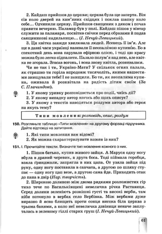 ?
2. Кайдаш прийшов до церкви; церква була ще заперта. Він
сів коло дверей на кам’яних східцях і поклав шапку коло
себе... Одчинили церкву. Прийшов священик з дяком і почав
правити вечерню. Паламар був у полі. Кайдаш пішов у вівтар
служити за паламаря, посвітив свічки перед образами й подав
священикові кадильницю... (І. Нечуй-Лгвицький).
3. Ця квітка завжди хвилювала людей. Ясенець її ім’я. Але
ще в давні часи українці називали її неопалимою купиш то. Бо в
спекотний день вона парувала etUpHcio олією, і тоді цю красу
можна було легко підпалити. Палало полум'я над нею але квіт­
ка не згорала. Згасав вогонь, і вона знову квітла, розвивалася.
Чи не так і ти, Україно-Маги? У скількох огнях палала,
як страшно ти горіла впродовж тисячол ть, якими нашестя
ми знищували тебе! І не знищили. Бо ти, як неопалима купи­
на, оживала й розквітала на рацість длтям своїм (За
С.Плачиндою).
1. У якому уривку розповідається про події, чи сь дії?
2. У якому випадку автор когось або щось описує?
3. У якому з текстів наводяться роздуми автора або героя
на якусь тему?
Т и п и м о в л е н н я : розповідь, опис, poz дум
150. Розгляньте табпицю «Типи мовлення» на другому форзаці підручника
Дайте відповіді на запитання.
ф 1. Які типи мовлення вам відори?
2. Як можна схарактеризувати кожен із них?
1 5 1 .1. Прочитайте тексти. Визначте тип мовлення кожного з них.
1. Б ішов багько, купив живого зайця. А Маруся одну ногу
вбула в драний черевик, а друга боса. Тоді піймала горобця,
взяла ґринджоли, запрягла в них цапа. От узяла зайця під
руку, одну ногу поставила в санчата, а другою по шляху сту­
пає — одну ногу цап везе, а другою сама йде. Приходить отак
до пана в двір [Нар. творчість).
2. Широкою долиною між двома рядками розложистих гір
тихо тече по Василькіьщині невеличка річка Раставиця.
Серед долини зеленіють рсзкшші густі та високі верби, там
ніби потонуло в вербіх село Вербівка. Між вербами дуже
виразно й ясно блищить про ти сонця висока біла церква з
трьома банями, а коло неї невеличка дзвіниця неначе заплу­
талась в зеленому гіллі старих груш (І. Нечуй-Левицький).
61
 